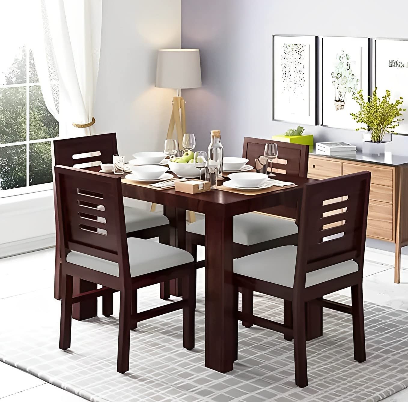 VK Furniture Solid Sheesham Wood Four Seater Dining Table with 4 Cushion Chairs for Living Room Home| Wooden 4 Seater Dining Table Set for Office Restaurant | Warm Chestnut | L45 X W30 X H30