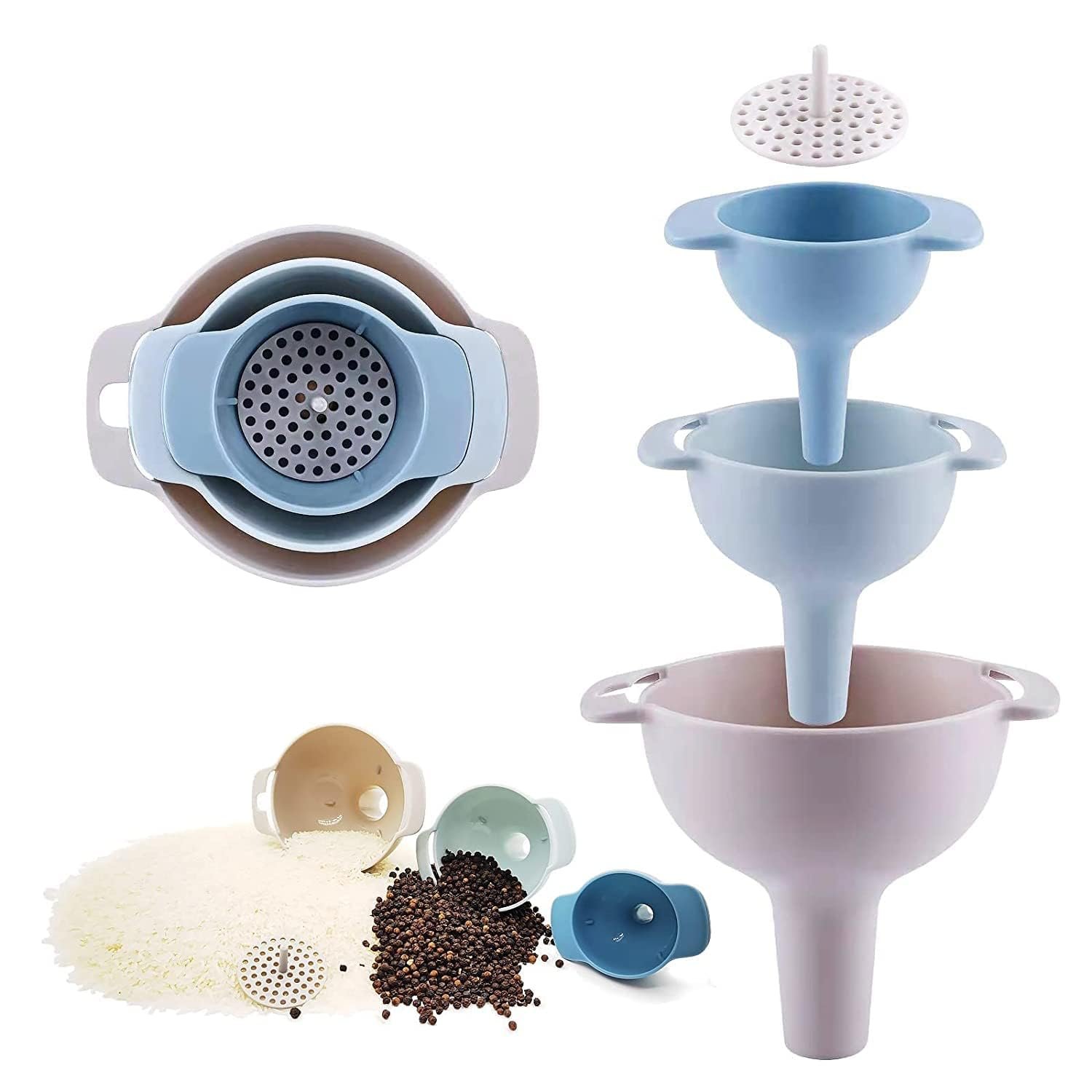 Clazkit Multifunctional Plastic Kitchen Funnel Set for Easy Transfer of Cooking Oil, Water, Juice, Liquid, Powder, Sauce, ghee Set of 4