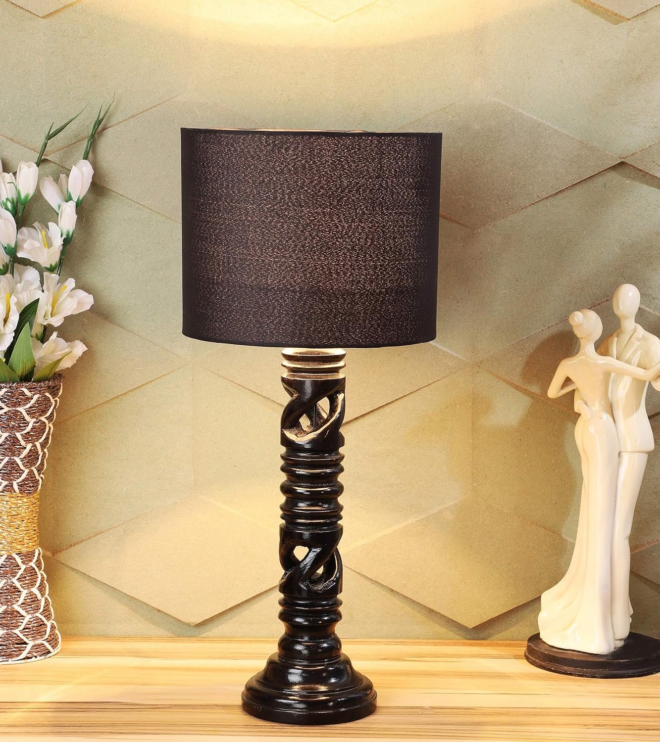 tu casa Black Cotton Shade with Brown Mango Wood Base Table Lamp | Elegant Bedside & Desk Lamp for Bedroom, Living Room, Office, Home Décor & Gifting (Height : 21 Inch/No Blub Included)