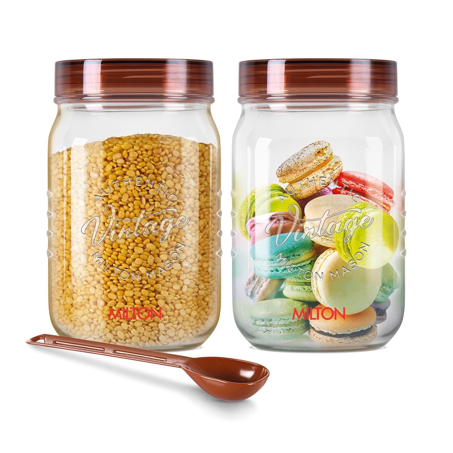 MILTON Vintage Airtight Containers with Spoons for Kitchen Storage, Food Grade Plastic, Stackable & Transparent Organizer Jars, Masala Dabba, Set of 2 (1.5 Litres each) Tea, Coffee, Sugar, Dry Fruits