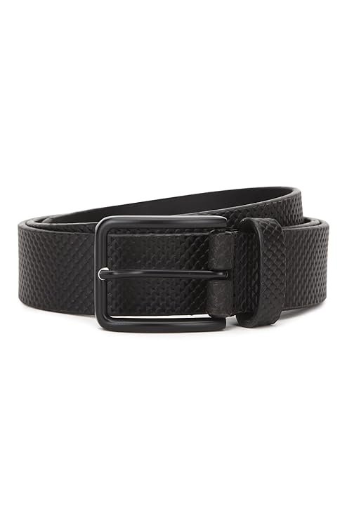 Louis Philippe Men Textured Casual Italian Leather with Matt Black Buckle Belt