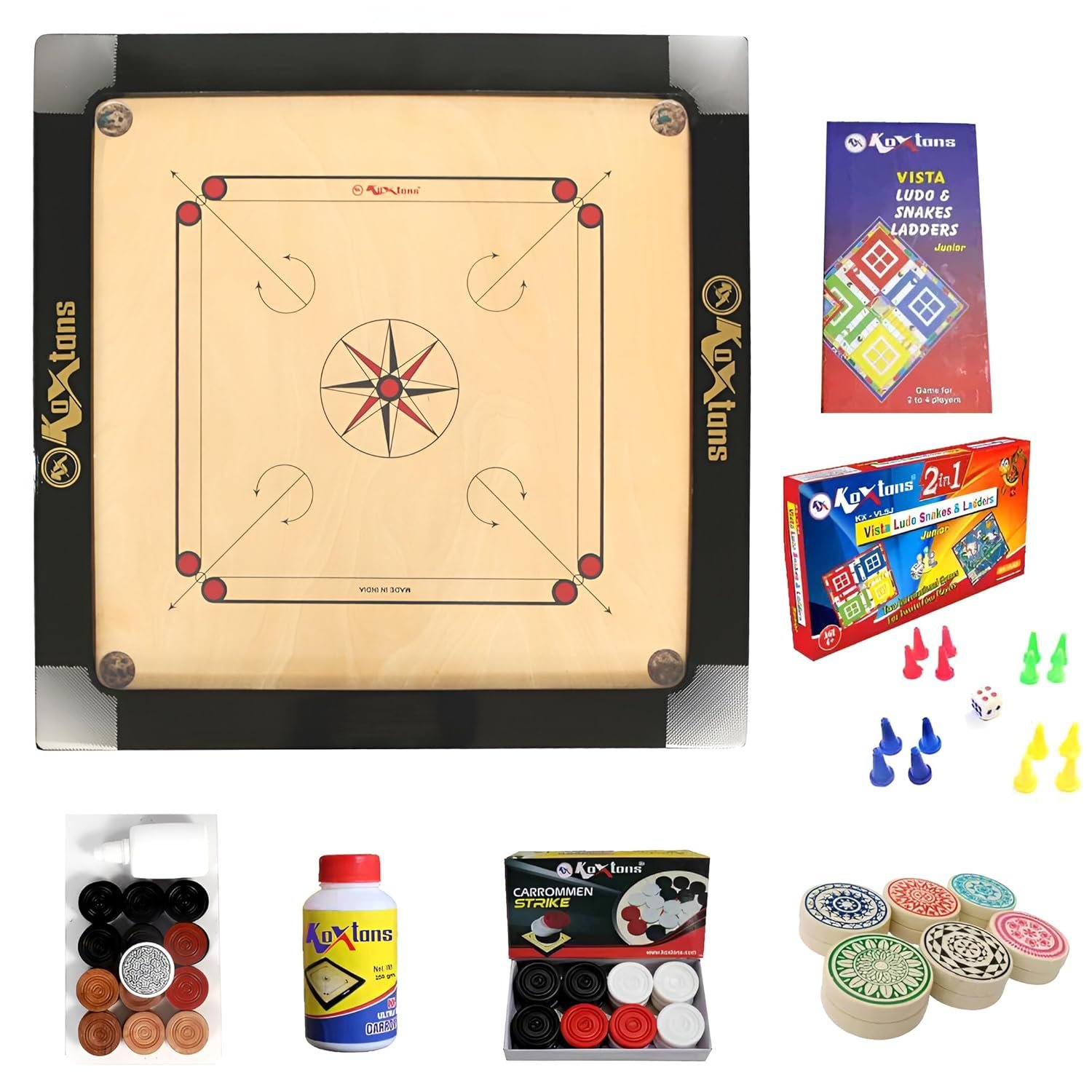 Carrom Board 36 INCH Full Size with 3" Border & (Super) with STRICKER & Accessories and Vista 14 INCH Ludo Snakes and Ladder