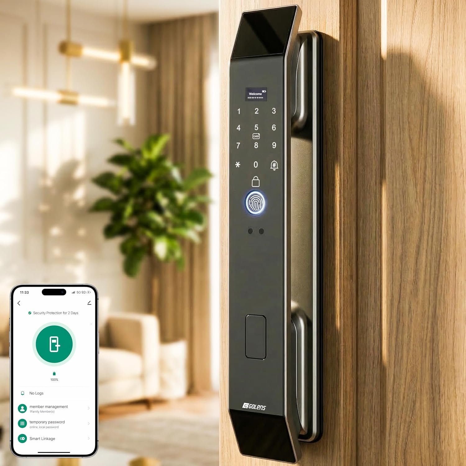 Golens X112 Luxury Smart Door Lock | 7 Ways Unlocking | Fingerprint | Mobile App | RFID Card | PIN | OTP, Mechanical Key, Temporary Password, WI-FI No Extra Gateway Required