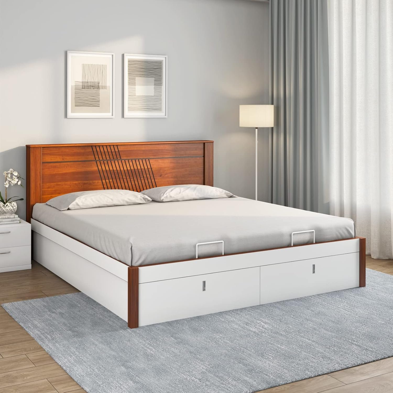 Nilkamal Electra Premier with Storage | 1 Year Warranty Engineered Wood Queen Hydraulic Bed (Finish Color - White, Delivery Condition - Knock Down)